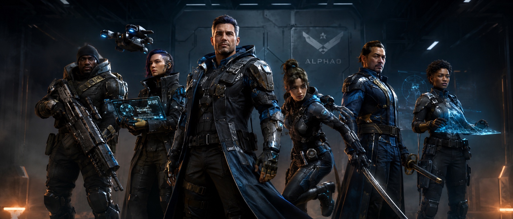 The Alpha0 team: six specialists standing in formation in front of a bulkhead marked Alpha0.